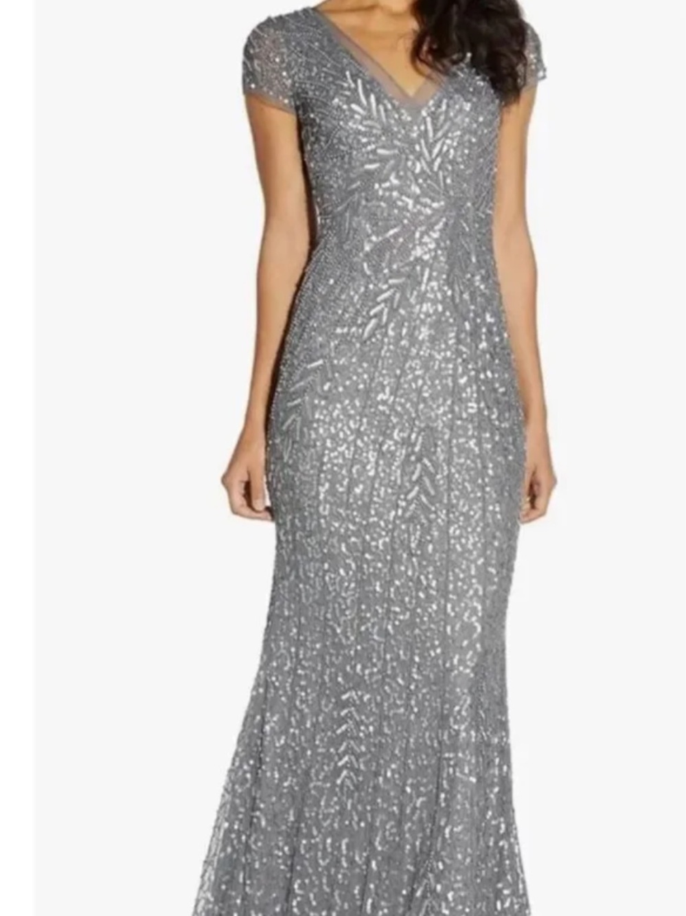 Adrianna Papell Silver Sequin V-Neck Maxi Gown